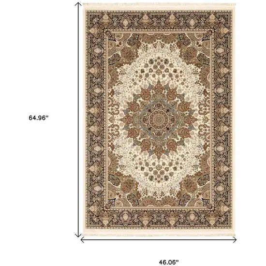 Ivory Black And Tan Medallion Area Rug With Fringe Photo 3