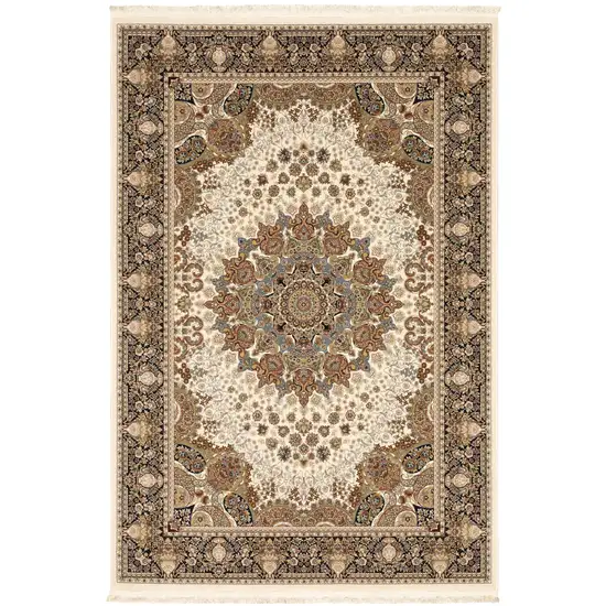 Ivory Black And Tan Medallion Area Rug With Fringe Photo 2