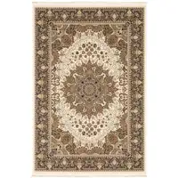 Photo of Ivory Black And Tan Medallion Area Rug With Fringe