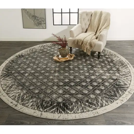 Ivory Black And Taupe Round Abstract Stain Resistant Area Rug Photo 5