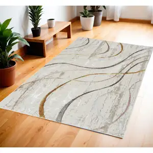 Photo of Ivory Black and Brown Abstract Non Skid Area Rug