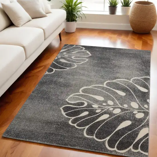 Ivory Black and Gray Botanical Leaves Non Skid Area Rug Photo 1