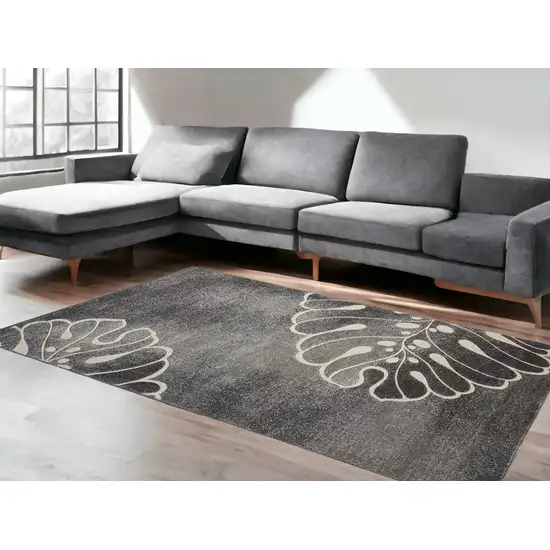 Ivory Black and Gray Botanical Leaves Non Skid Area Rug Photo 1