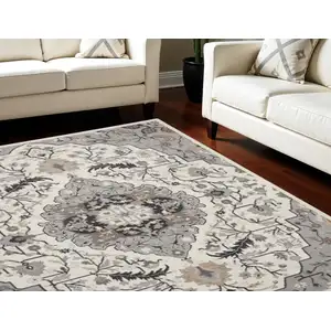 Photo of Ivory Black and Gray Floral Medallion Non Skid Area Rug