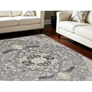 Photo of Ivory Black and Gray Floral Medallion Non Skid Area Rug