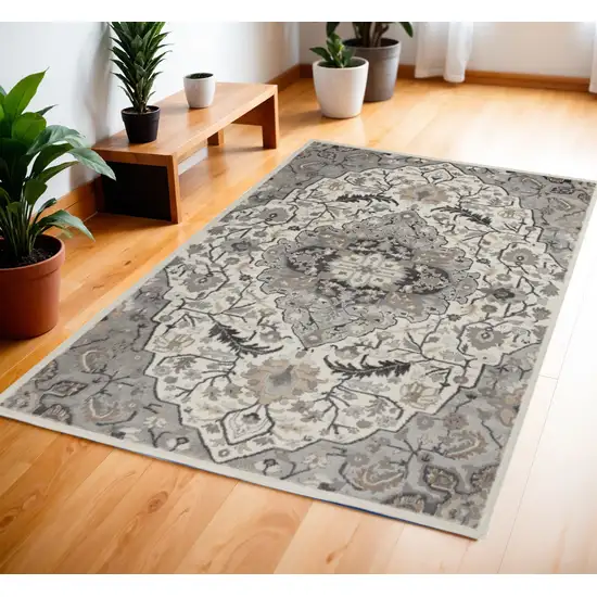 Ivory Black and Gray Floral Medallion Non Skid Area Rug Photo 1