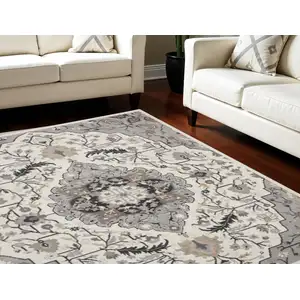 Photo of Ivory Black and Gray Floral Non Skid Area Rug