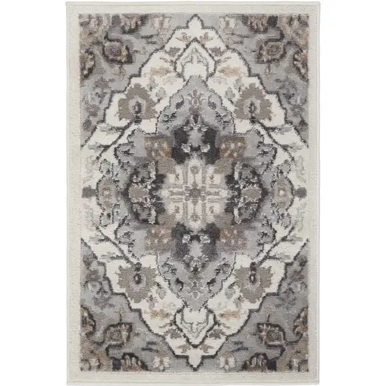 Ivory Black and Gray Floral Non Skid Area Rug Photo 5