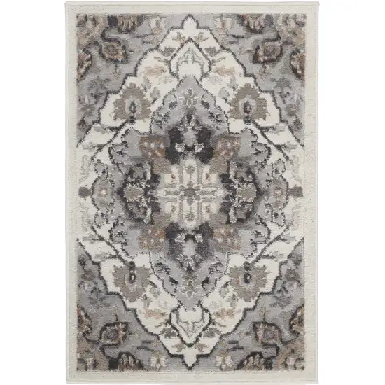 Ivory Black and Gray Floral Non Skid Area Rug Photo 2