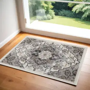 Photo of Ivory Black and Gray Floral Non Skid Area Rug