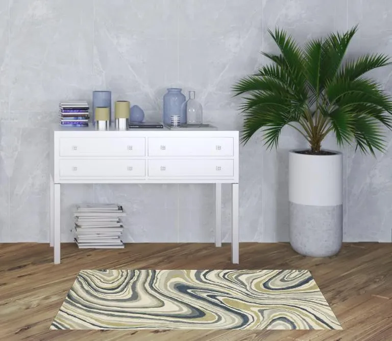 Ivory Blue And Beige Abstract Power Loom Stain Resistant Area Rug Photo 2