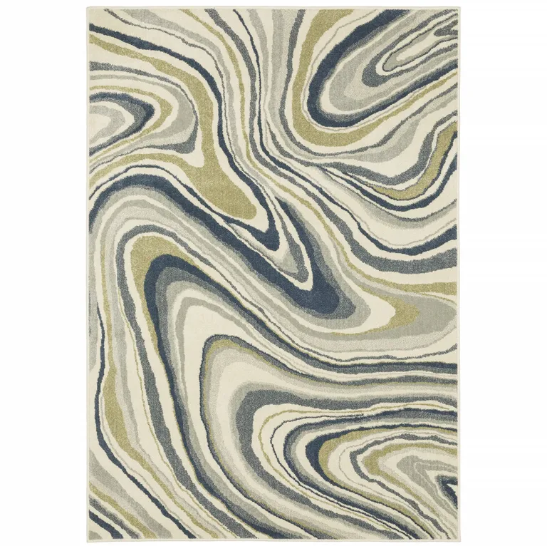 Ivory Blue And Beige Abstract Power Loom Stain Resistant Area Rug Photo 1