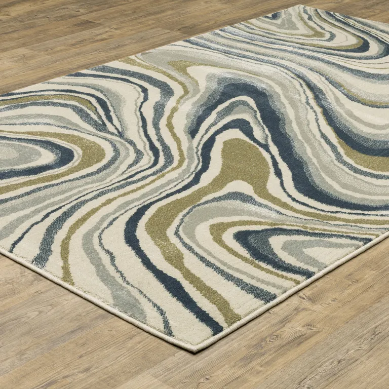 Ivory Blue And Beige Abstract Power Loom Stain Resistant Area Rug Photo 5