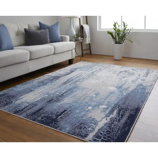 Ivory Blue And Black Abstract Power Loom Distressed Area Rug Photo 5