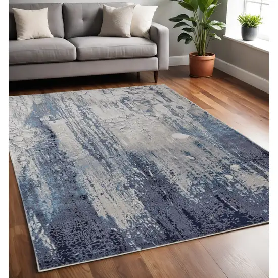 Ivory and Blue Abstract Power Loom Distressed Non Skid Area Rug Photo 1