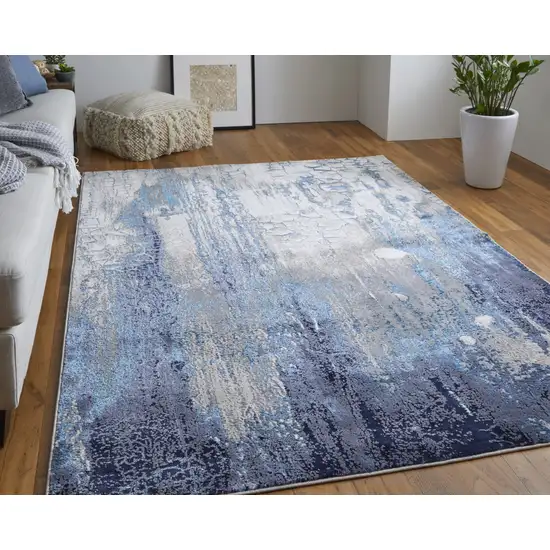 Ivory Blue And Black Abstract Power Loom Distressed Area Rug Photo 6