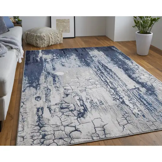 Ivory Blue And Black Abstract Power Loom Distressed Area Rug Photo 7