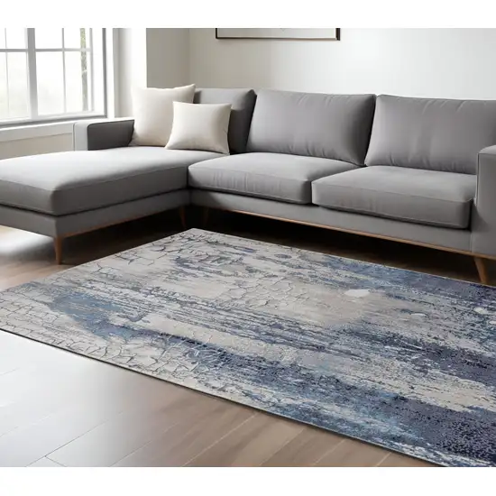 Ivory and Blue Abstract Power Loom Distressed Non Skid Area Rug Photo 1