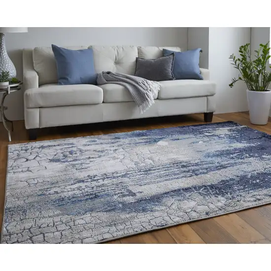 Ivory Blue And Black Abstract Power Loom Distressed Area Rug Photo 8