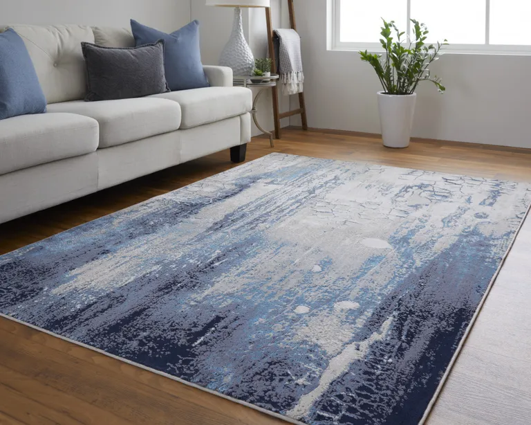 Ivory Blue And Black Abstract Power Loom Distressed Area Rug Photo 5