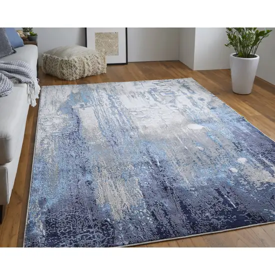 Ivory Blue And Black Abstract Power Loom Distressed Area Rug Photo 3