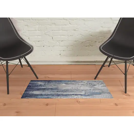 Ivory Blue And Black Abstract Power Loom Distressed Area Rug Photo 2