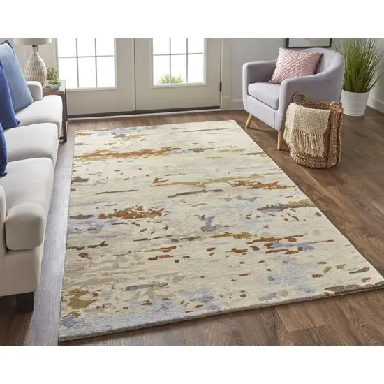 Ivory Blue And Brown Wool Abstract Tufted Handmade Stain Resistant Area Rug Photo 2