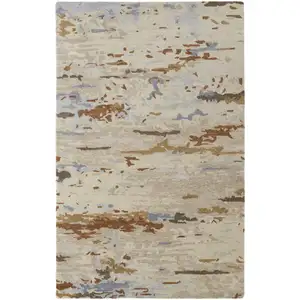 Photo of Ivory Blue And Brown Wool Abstract Tufted Handmade Stain Resistant Area Rug