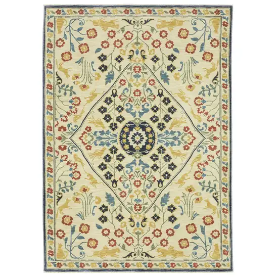 Ivory Blue And Burnt Orange Oriental Area Rug With Fringe Photo 2