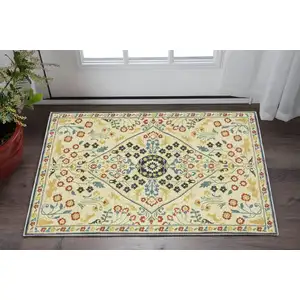 Photo of Ivory Blue And Burnt Orange Oriental Area Rug With Fringe