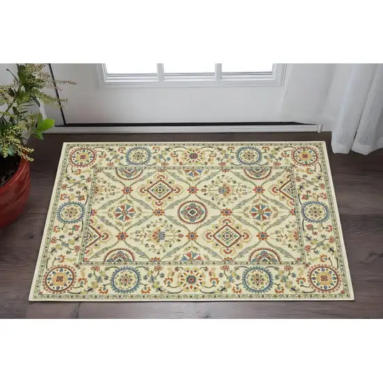 Ivory Blue And Burnt Orange Oriental Area Rug With Fringe Photo 1