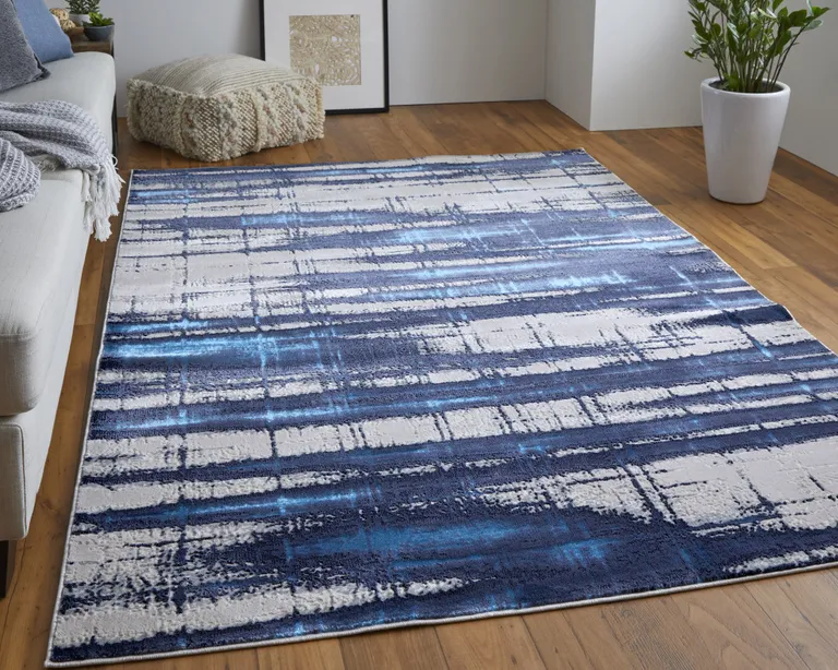 Ivory Blue And Gray Abstract Power Loom Distressed Area Rug Photo 3