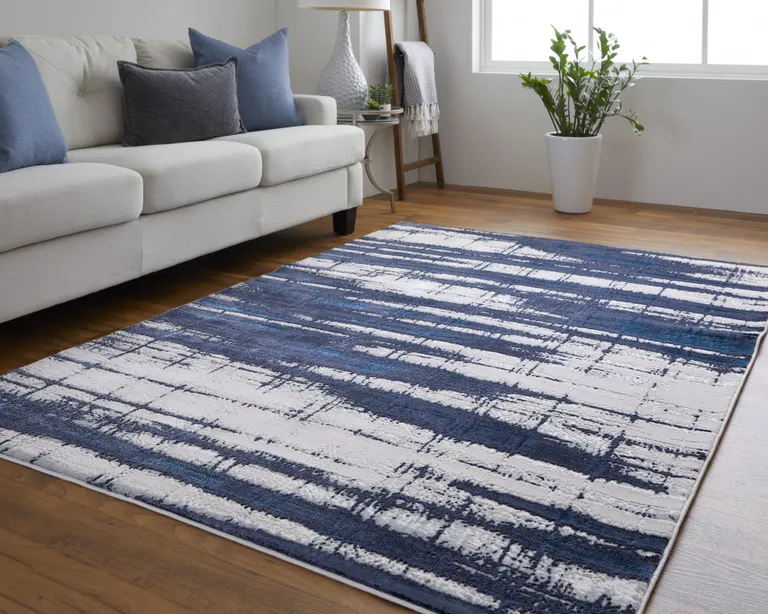 Ivory Blue And Gray Abstract Power Loom Distressed Area Rug Photo 2