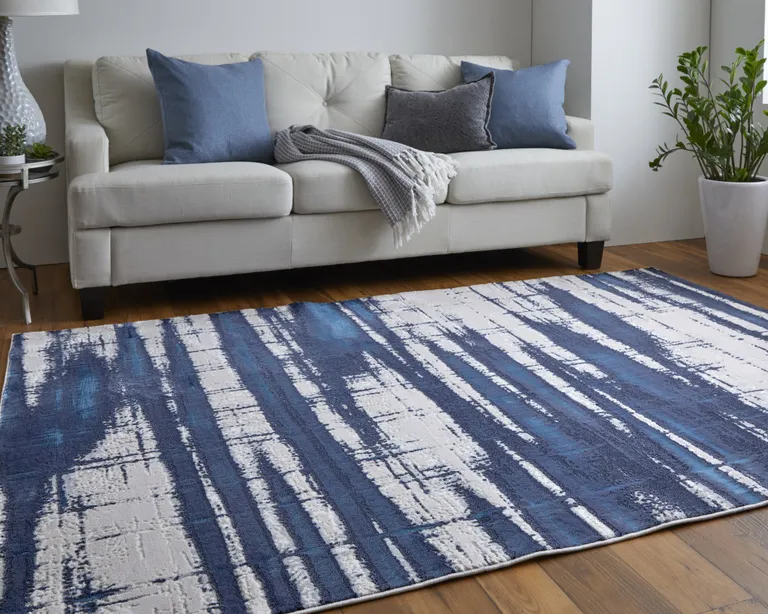 Ivory Blue And Gray Abstract Power Loom Distressed Area Rug Photo 5