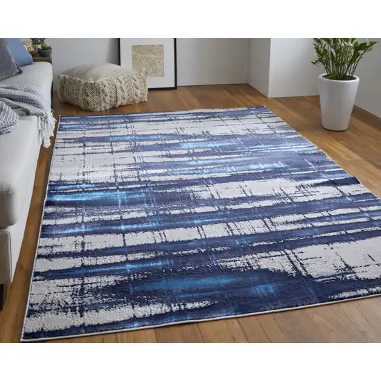 Ivory Blue And Gray Abstract Power Loom Distressed Area Rug Photo 6