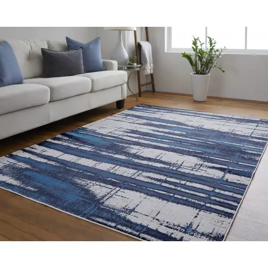 Ivory Blue And Gray Abstract Power Loom Distressed Area Rug Photo 9