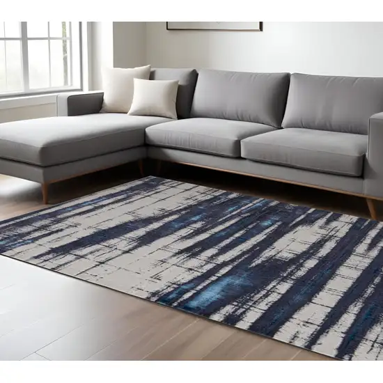 Ivory and Blue Abstract Power Loom Distressed Non Skid Area Rug Photo 1