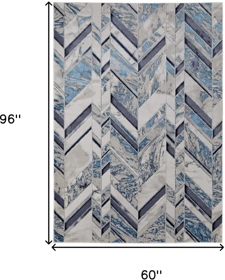 Ivory Blue And Gray Chevron Power Loom Distressed Area Rug Photo 5