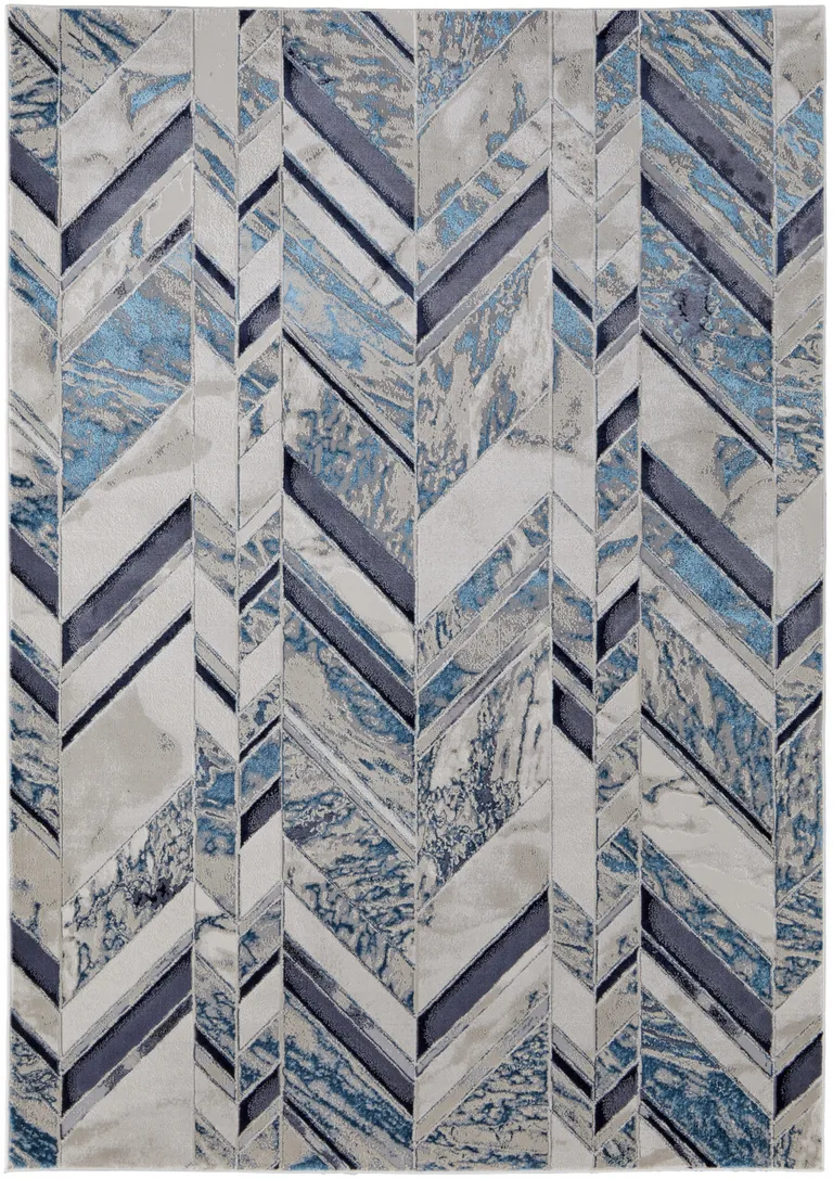 Ivory Blue And Gray Chevron Power Loom Distressed Area Rug Photo 1