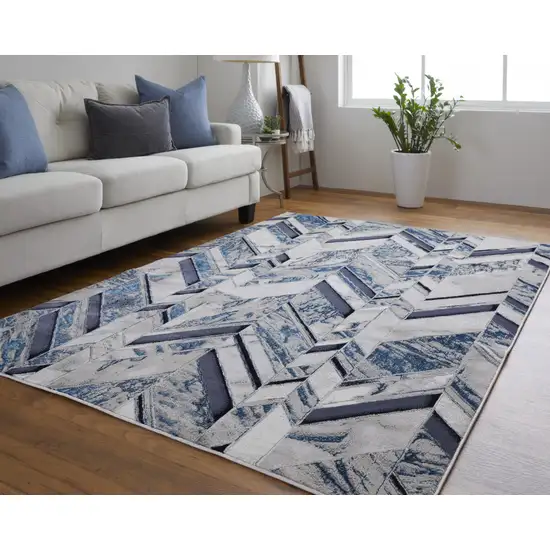 Ivory Blue And Gray Chevron Power Loom Distressed Area Rug Photo 7