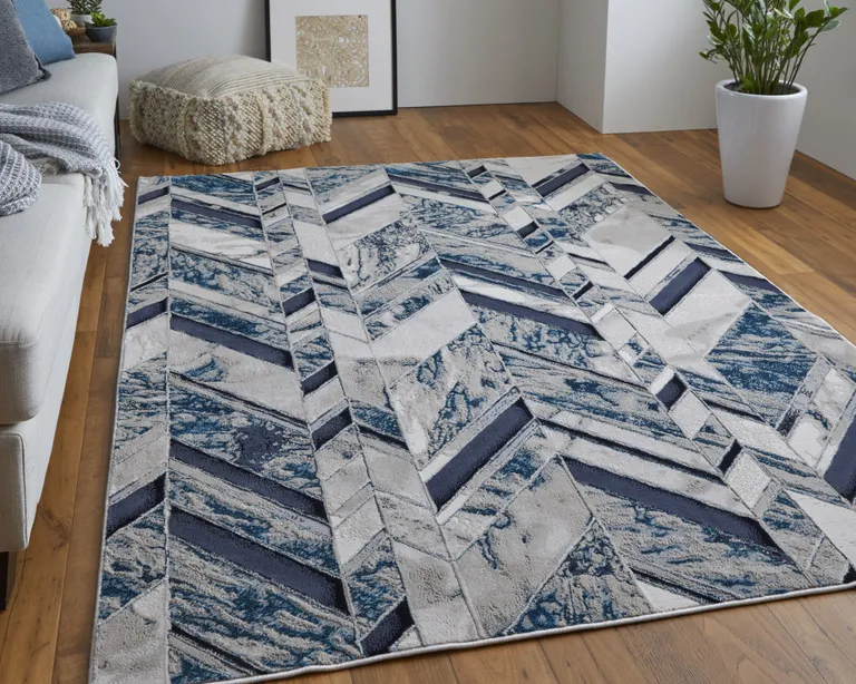 Ivory Blue And Gray Chevron Power Loom Distressed Area Rug Photo 4