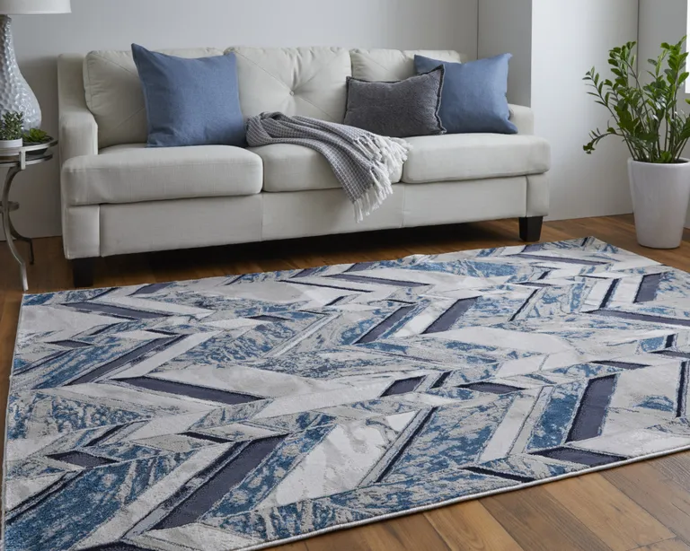 Ivory Blue And Gray Chevron Power Loom Distressed Area Rug Photo 5