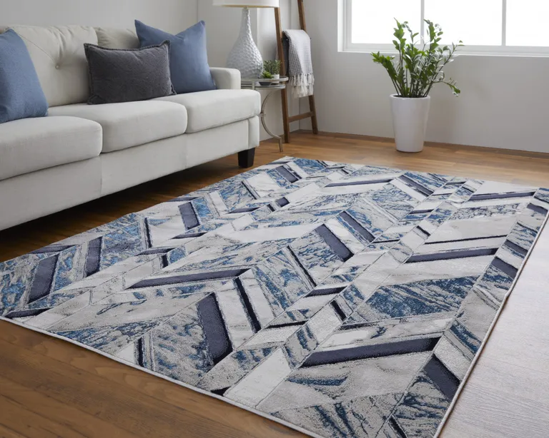 Ivory Blue And Gray Chevron Power Loom Distressed Area Rug Photo 3