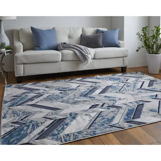 Ivory Blue And Gray Chevron Power Loom Distressed Area Rug Photo 9