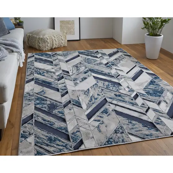 Ivory Blue And Gray Chevron Power Loom Distressed Area Rug Photo 8