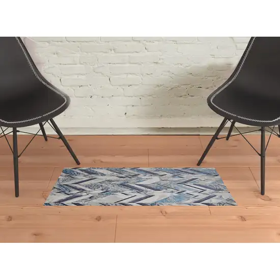 Ivory Blue And Gray Chevron Power Loom Distressed Area Rug Photo 2