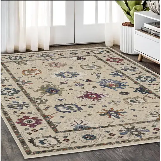 Ivory Blue And Gray Floral Area Rug With Fringe Photo 1