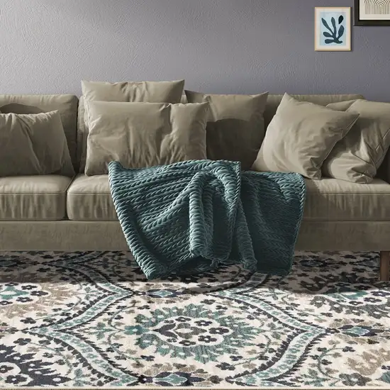 Ivory Blue And Gray Floral Stain Resistant Area Rug Photo 5