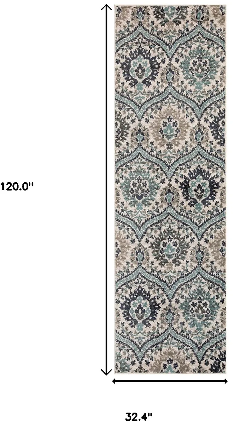 Ivory Blue And Gray Floral Stain Resistant Runner Rug Photo 5