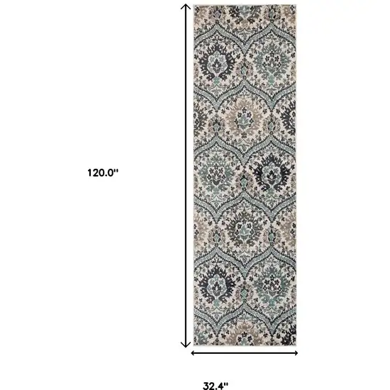 Ivory Blue And Gray Floral Stain Resistant Runner Rug Photo 5